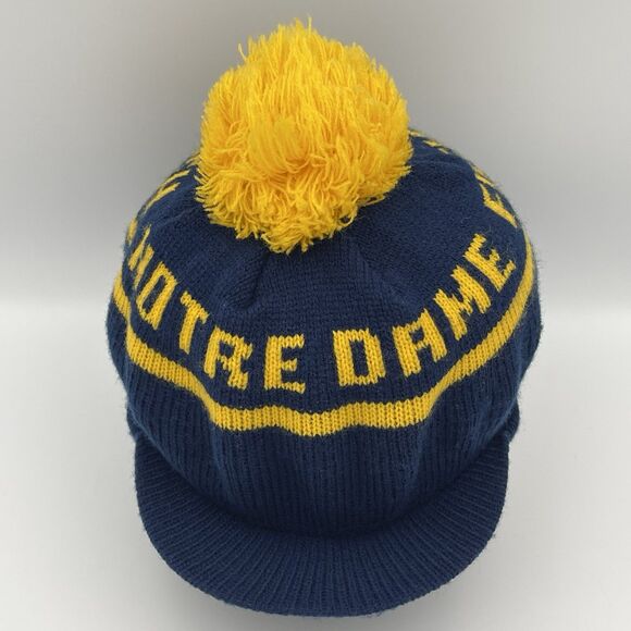 Vintage 90s Notre Dame Fighting Irish Blue Knit Brimmed Stocking Beanie Pom Hat - Picture 2 of 14